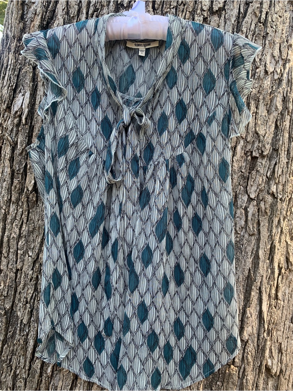 Daniel Rainn Teal and Gray Tie-Neck Cap Sleeve Blouse